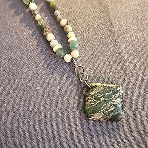 Jasper, agate, amazonite beaded & leather necklace adjustable length versatile